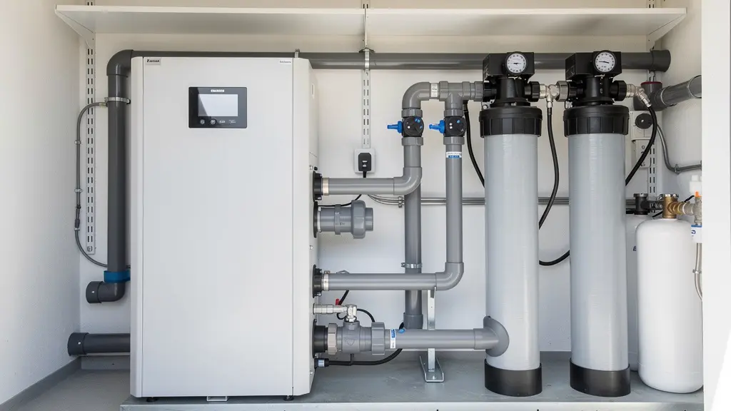 Local technique piscine avec système de filtration et pompe à chaleur installés