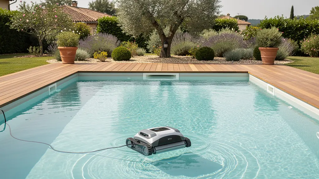 Robot piscine nettoyant le fond d'un bassin résidentiel dans un jardin ensoleillé