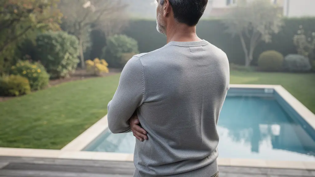 Propriétaire observant sa piscine équipée depuis la terrasse