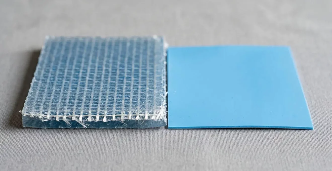Gros plan sur la texture d'un revêtement PVC armé montrant la grille polyester intégrée, posé à côté d'un liner classique plus fin