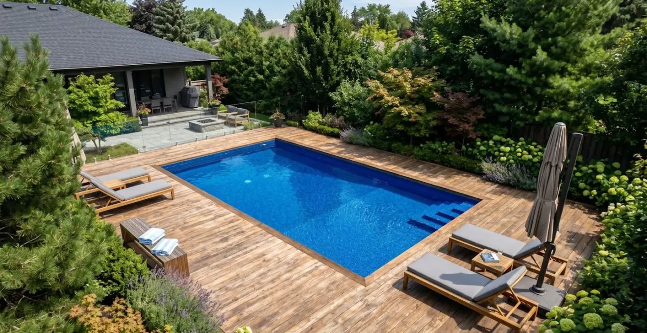 Piscine enterrée rénovée avec revêtement PVC armé bleu, entourée d'une terrasse en bois, baignée de lumière naturelle