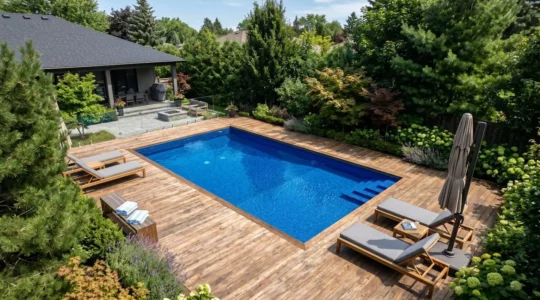 Piscine enterrée rénovée avec revêtement PVC armé bleu, entourée d'une terrasse en bois, baignée de lumière naturelle