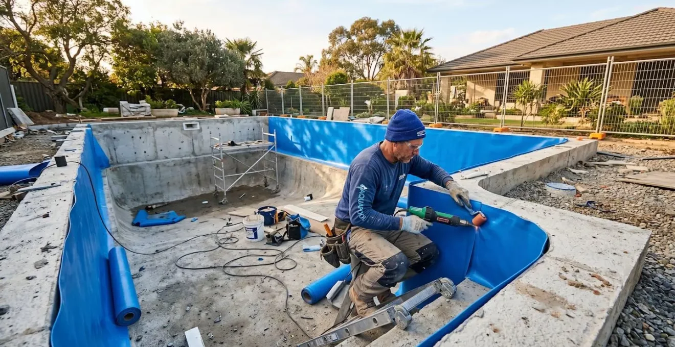 Technicien pisciniste en train de poser et souder une membrane PVC armée sur les parois d'un bassin enterré en cours de rénovation